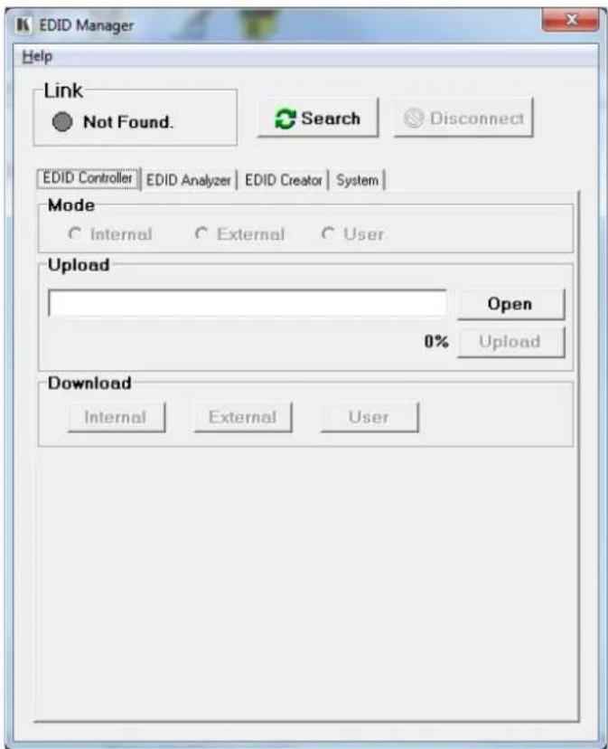EDID Manager Help Link Not Found. Search Disconnect EDID Controller EDID Analyzer EDID Creator System Mode Internal External User Upload Open 0% Upload Download Internal External User