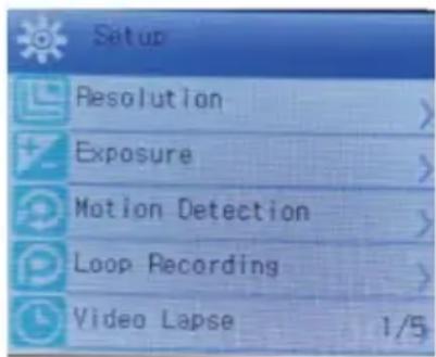 Setup Resolution Exposure Motion Detection Loop Recording Video Lapse 1/5