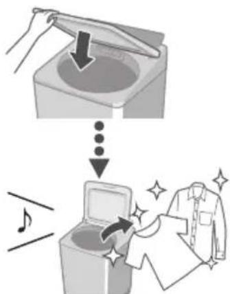 Illustration showing a hand removing a trash bin into a cluttered machine, with a shirt and starburst symbol indicating action or decoration.