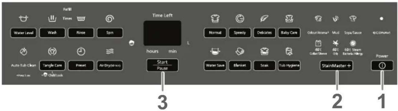 Refill Times Water Level Wash Rinse Spin Auto Tub Clean Tangle Care Preset Air Dry(50 min) +Chick Lock Time Left hours min Start Pause Normal Speedy Delicates Baby Care Odour/Aroma® Must Soya/Sauce ECONAVI Water Save Blanket Soak Tub Hygiene 40% Coater/Stone 40% Only 60% Bacteria/Mnergy StainMaster + Power 1 2 3