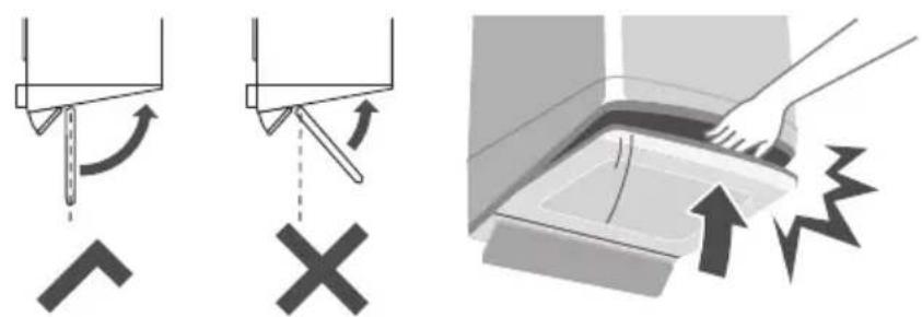 Diagram illustrating three steps of a door fixture: mounting, lifting a handle, and opening a sink with directional arrows indicating movement.