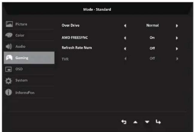 Mode - Standard Picture Over Drive Normal Color AMD FREESYNC On Audio Refresh Rate Num Off Gaming TVR Off OSD System Information