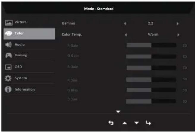 Mode - Standard Picture Color Audio Gaming OSD System Information Gamma 2.2 Color Temp. Warm R Gain 50 G Gain 50 B Gain 50 R Bias 50 G Bias 50 B Bias 50