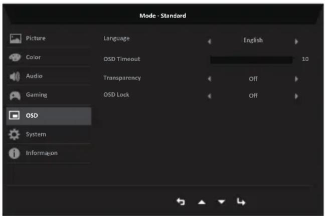 Mode - Standard Picture Language English Color OSD Timeout 10 Audio Transparency Off Gaming OSD Lock Off OSD System Information