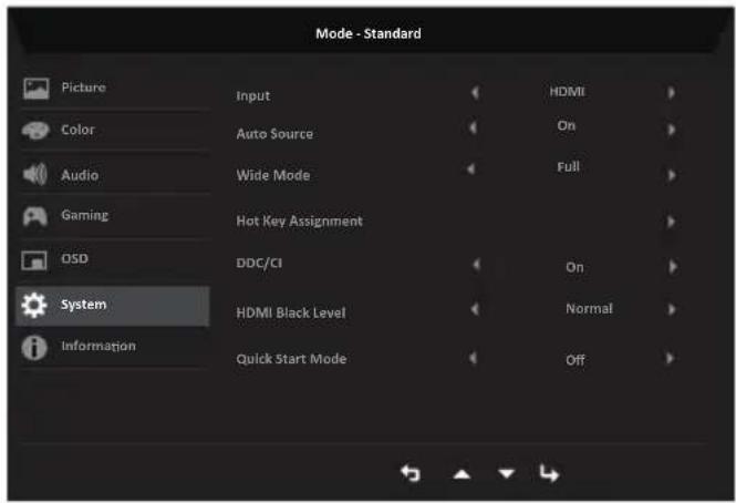 Mode - Standard Picture Input HDMI Color Auto Source On Audio Wide Mode Full Gaming Hot Key Assignment QSD DDC/CI On System HDMI Black Level Normal Information Quick Start Mode Off