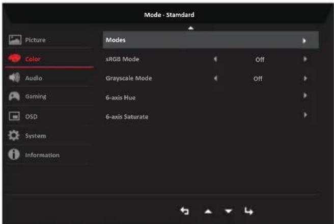Mode - Standard Picture Color sRGB Mode Off Audio Grayscale Mode Off Gaming 6-axis Hue OSD 6-axis Saturate System Information
