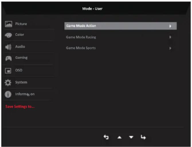 Mode - User Picture Color Audio Gaming DSD System Information Save Settings to... Game Mode Action Game Mode Racing Game Mode Sports