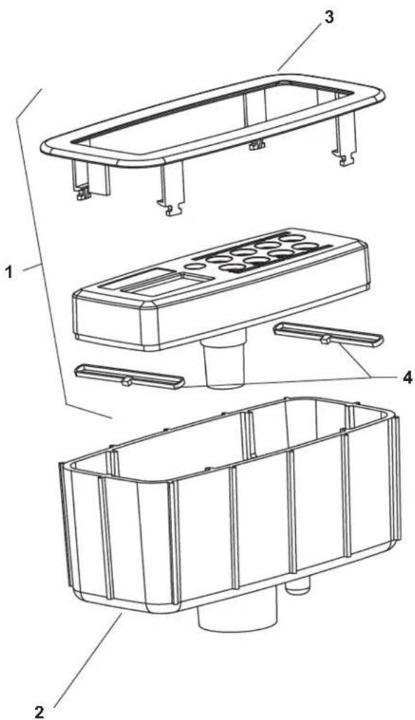 Technical diagram of a multi-section mechanical housing with numbered components and structural details