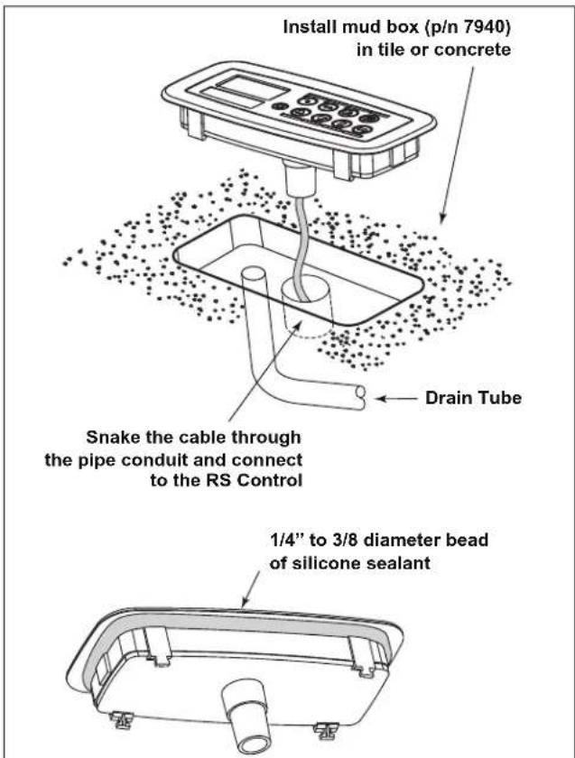 Install mud box (p/n 7940) in tile or concrete Drain Tube Snake the cable through the pipe conduit and connect to the RS Control 1/4" to 3/8 diameter bead of silicone sealant
