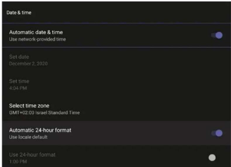 Date & time Automatic date & time Use network-provided time Set date December 2, 2020 Set time 4:04 PM Select time zone GMT+02:00 Israel Standard Time Automatic 24-hour format Use locale default Use 24-hour format 1:00 PM