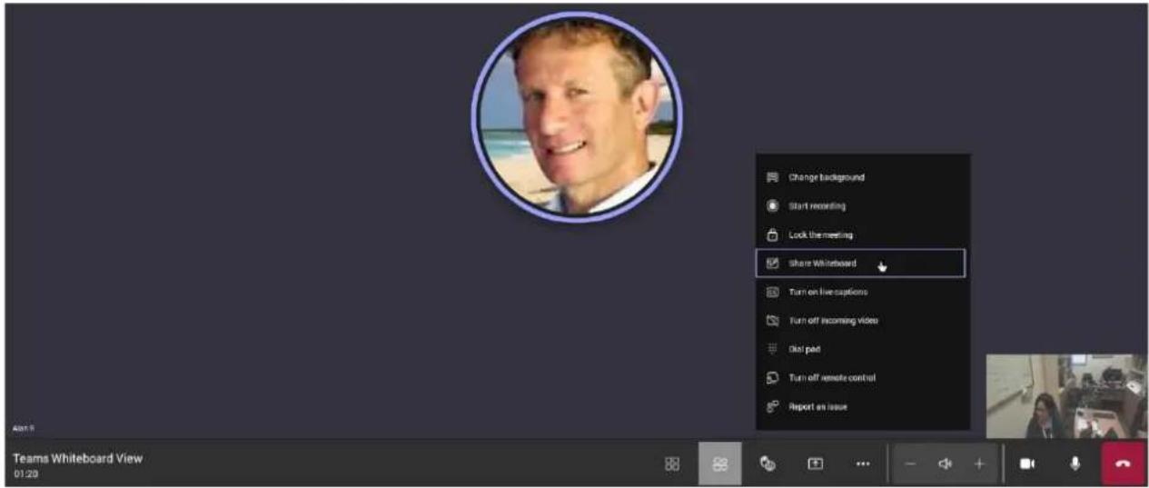 Change background Start recording Lock the meeting Share Whiteboard Turn on live suggestions Turn off incoming video Dist past Turn off remote control Report an issue Teams Whiteboard View 01:29
