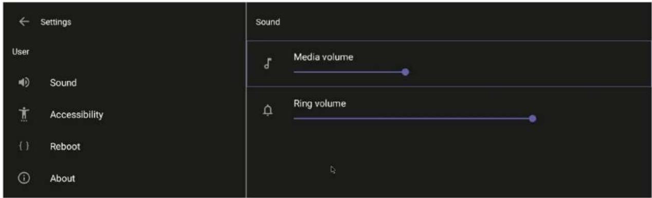 Settings User Sound Accessibility Reboot About Sound Media volume Ring volume