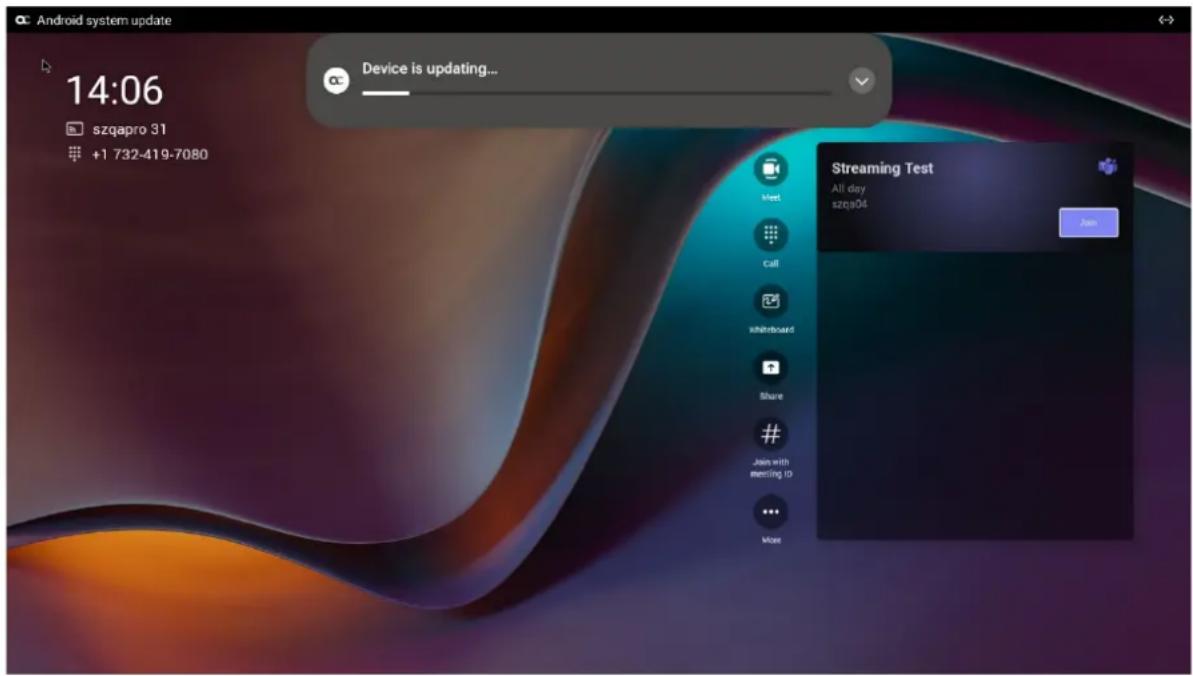 Android system update 14:06 szqapro 31 +1 732-419-7080 Device is updating... Streaming Test All day szcja04 Join Meet Call xshireboard Share # Join with mensing ID More