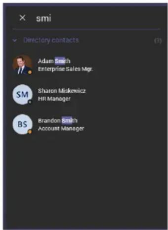 × smi Directory contacts (3) Adam Smith Enterprise Sales Mgr. SM Sharon Miskewicz HR Manager BS Brandon Smith Account Manager