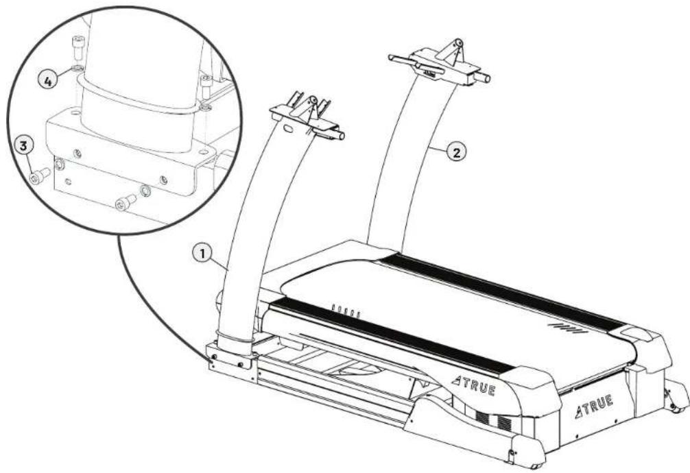 Technical diagram of a treadmill with labeled parts and an inset view showing mechanical components