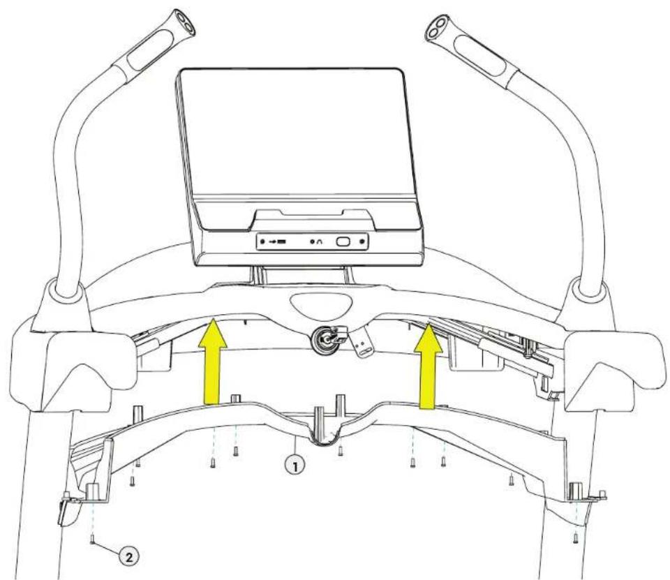 Technical diagram of a car's front view with labeled components and directional arrows indicating movement or assembly.