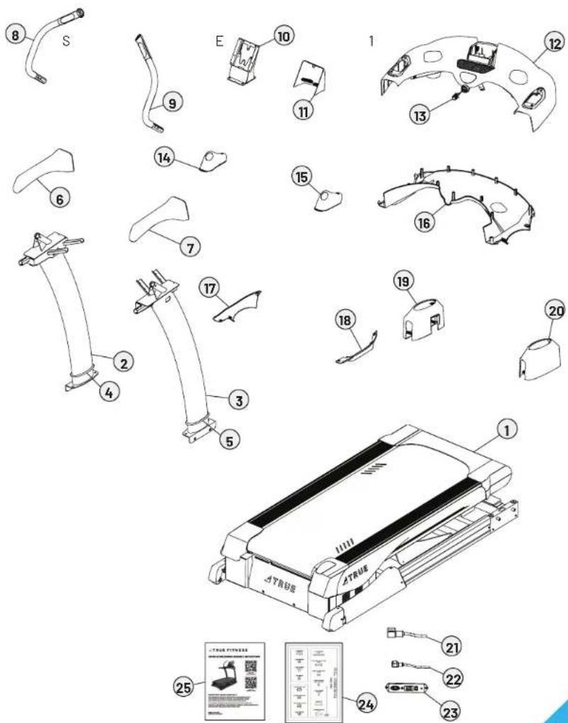 Exploded view diagram of a treadmill with numbered parts and a legend for part numbers