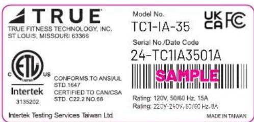 TRUE TRUE FITNESS TECHNOLOGY, INC. ST LOUIS, MISSOURI 63366 C US Intertek 3135202 CONFORMS TO ANSI/UL STD. 1647 CERTIFIED TO CAN/CSA STD. C22.2 NO.68 Model No. TC1-IA-35 UK CA FC Serial No./Date Code 24-TC1IA3501A SAMPLE Rating: 120V, 50/60 Hz, 15A Rating: 220V-240V, 50/60 Hz, 8A Intertek Testing Services Taiwan Ltd MADE IN TAIWAN
