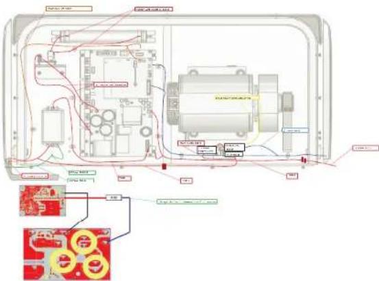 Technical diagram of an electronic device with labeled components and wiring connections, including a PCB layout and component labels in Chinese.