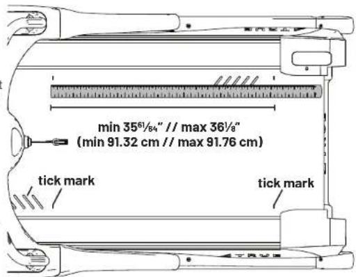 min 35⁶/8⁴″ // max 36/8″ (min 91.32 cm // max 91.76 cm) tick mark tick mark
