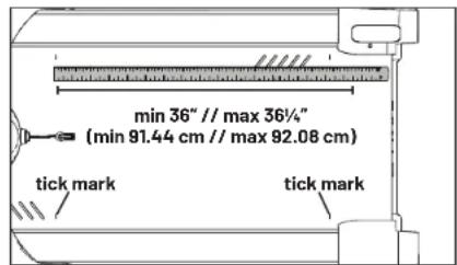 min 36" // max 36½" (min 91.44 cm // max 92.08 cm) tick mark tick mark