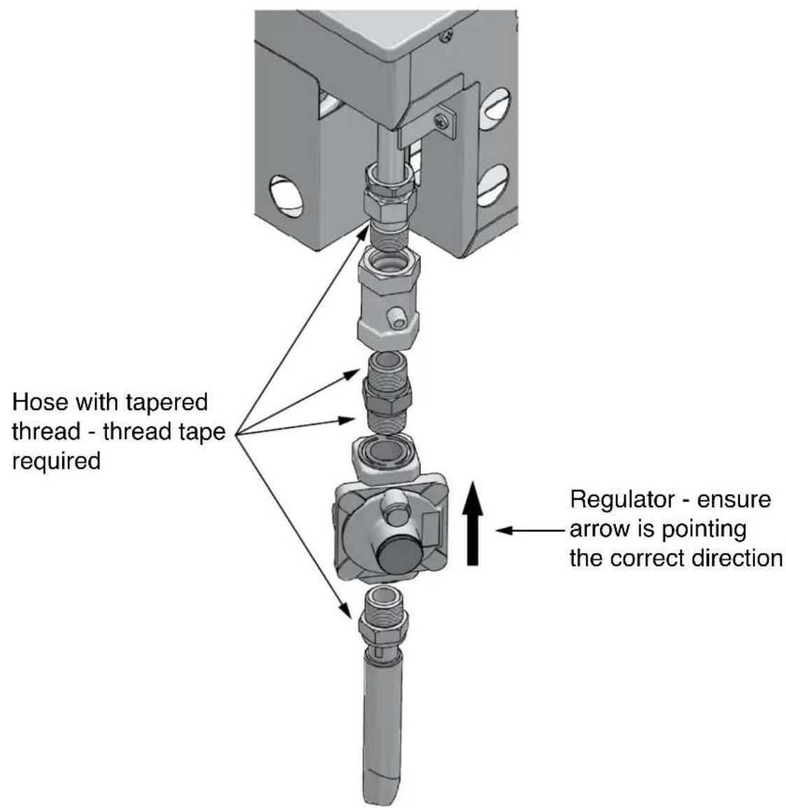 Hose with tapered thread - thread tape required Regulator - ensure arrow is pointing the correct direction