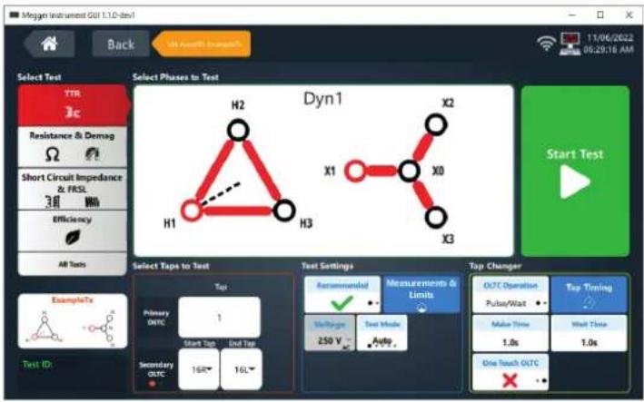 Meggon instrument GUI 1.0-dev Back Select Test TTR 3c Resistance & Demag Ω Short Circuit Impedance & FRSL Efficiency All Tests Dyn1 H2 H1 H3 X2 X1 X0 X3 Select Phases to Test Start Test Select Taps to Test Test Settings Recommended Measurements & Limits Tap Change ExampleTx Primary ONTC 1 Voltage 250 V Text Mode Amp Pulse/Wait Tap Timing Maser Time 1.0s Wall Time One Touch ONTC Test ID: Primary ONTC 16R 16L