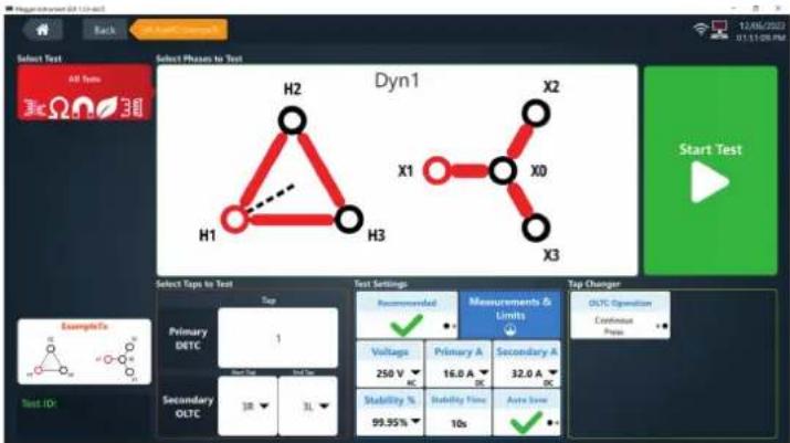 Select Test All Items 30 Dyn1 H2 H1 X2 X1 X0 X3 Select Phases to Test Start Test Test Tools to Test Top Test Settings Recommended Measurements & Limits Top Change ExampleTx DETc Primary 1 Voltage Primary A Secondary A 250 V 16.0 A 32.0 A Secondary A OUTC Secondary OUTC 3R 3L Stability % 99.95% Stability Time 10s OUTC Operation Continuous Press Test ID