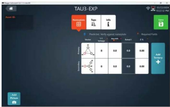 TAU3-EXP Nameplate Tags info Predicted: Verify against nameplate Vector L-L Voltage Base 60k Rated 1 Z % Primary 0 0.0 0.0 0.00 Secondary 0 0.0 0.0 0.00 Add Tertiary + Add Picture