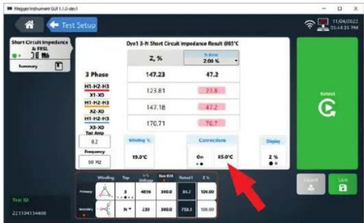 Migger Instrument GUI 1.1.0-dyn1 Test Setup Short Circuit Impedance & FRSL Summary Dyne1 3-N Short Circuit Impedance Result (805°C) Z, % % Error 2.00 % 3 Phase H1-H2-H3 X1-X0 H1-H2-H3 X2-X0 H1-H2-H3 X3-X0 Test Amp 0.2 Frequency 50 Hz Winding °C 19.0°C Correctors On 85.0°C Display 2 % Winding Top 1-4 Voltage Rated 2 % Primary 3 4856 360.0 33.7 100.00 Secondary N* 230 360.0 733.3 100.00 Test ID 221104154606