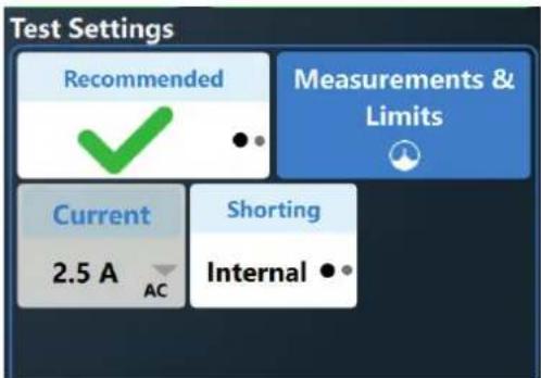 Test Settings Recommended Measurements & Limits Current 2.5 A AC Shorting Internal