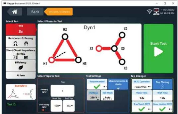 Megger Instrument 0011.1.0-dyn-1 Back 11/05/2022 05:58:39 PM Select Test TTR Resistance & Demag Short Circuit Impedance 3E Efficiency All Tests Select Phases to Test Dyn1 H2 H1 X2 X1 X0 X3 Select Taps to Test Test Settings Recommended Measurements & Limits Voltage: 250 V Text Mode: Auto Tap Changer OUTC Operation Pulse/Wait Make Time 1.0s Watt Time One Touch OUTC Error Limited OUTC Test ID: ExampleTo Top Primary DETC 1 Start Tap End Tap Secondary OUTC- 16R- 16L- Test ID: Test Settings