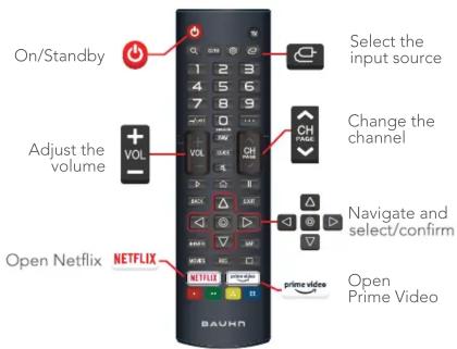 On/Standby Select the input source Adjust the volume Change the channel Navigate and select/confirm Open Netflix NETFLIX Open Prime Video BAUH NETFLIX prime video