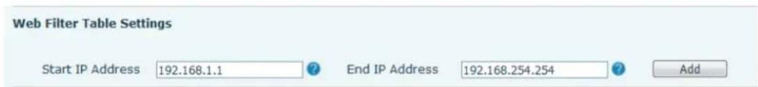 Web Filter Table Settings Start IP Address 192.168.1.1 ? End IP Address 192.168.254.254 ? Add