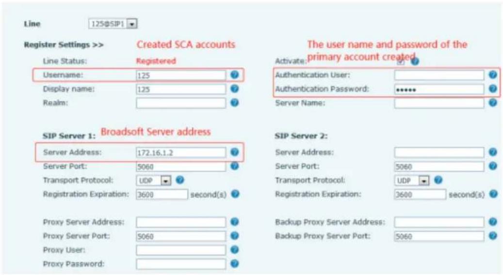 Line 125@SIP1 Register Settings >> Created SCA accounts Line Status: Registered Username: 125 Display name: 125 Realm: The user name and password of the primary account created. Activate: Authentication User: Authentication Password: Server Name: SIP Server 1: Broadsoft Server address Server Address: 172.16.1.2 Server Port: 5060 Transport Protocol: UDP Registration Expiration: 3600 second(s) Proxy Server Address: Proxy Server Port: Proxy User: Proxy Password: SIP Server 2: Server Address: Server Port: 5060 Transport Protocol: UDP Registration Expiration: 3600 second(s) Backup Proxy Server Address: Backup Proxy Server Port: