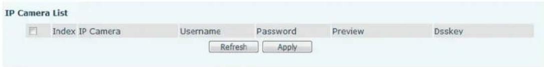 IP Camera List Index IP Camera Username Password Preview Dsskey Refresh Apply