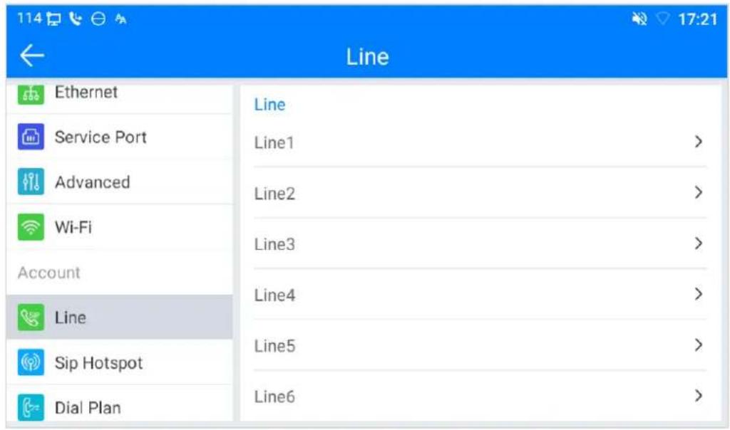 114 Line Ethernet Service Port Advanced Wi-Fi Account Line Sip Hotspot Dial Plan Line Line1 > Line2 > Line3 > Line4 > Line5 > Line6 >