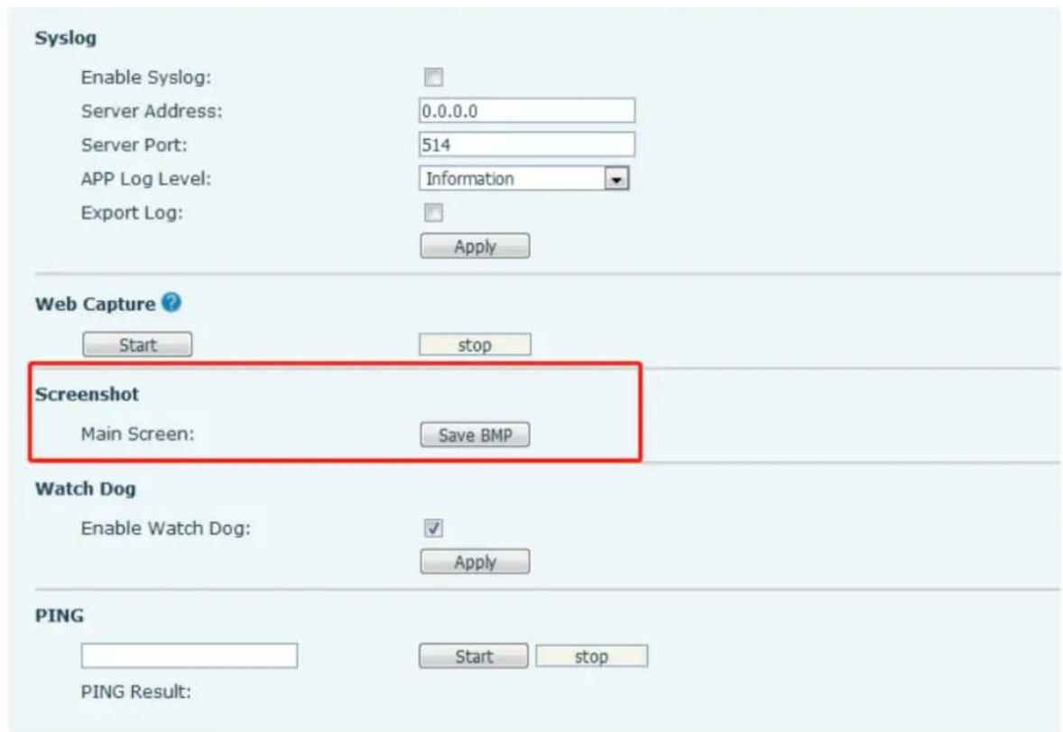 Syslog Enable Syslog: Server Address: 0.0.0.0 Server Port: 514 APP Log Level: Information Export Log: Apply Web Capture ? Start stop Screenshot Main Screen: Save BMP Watch Dog Enable Watch Dog: Apply PING Start stop PING Result: