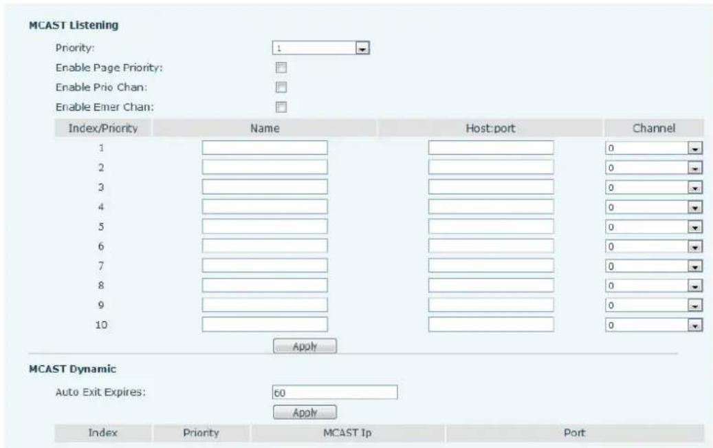 MCAST Listening Priority: 1 Enable Page Priority: Enable Prio Chan: Enable Emer Chan: Index/Priority Name Host: port Channel 1 2 3 4 5 6 7 8 9 10 Apply MCAST Dynamic Auto Exit Expires: 60 Apply Index Priority MCAST Ip Port