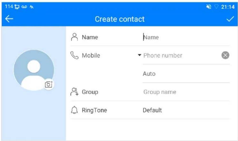 114 21:14 Create contact Name Name Mobile Phone number Auto Group Group name RingTone Default