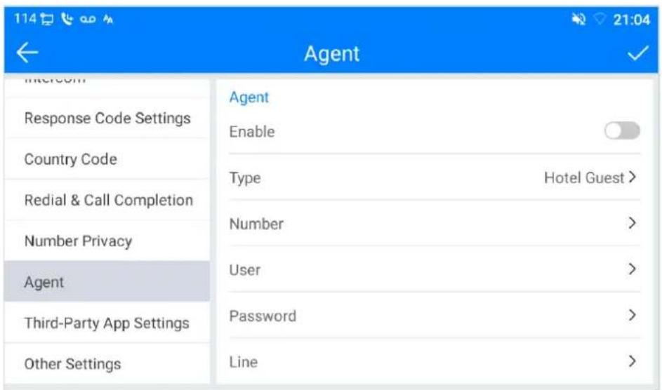 Mobile app settings menu showing Agent configuration options like Response Code Settings, Number Privacy, and User.