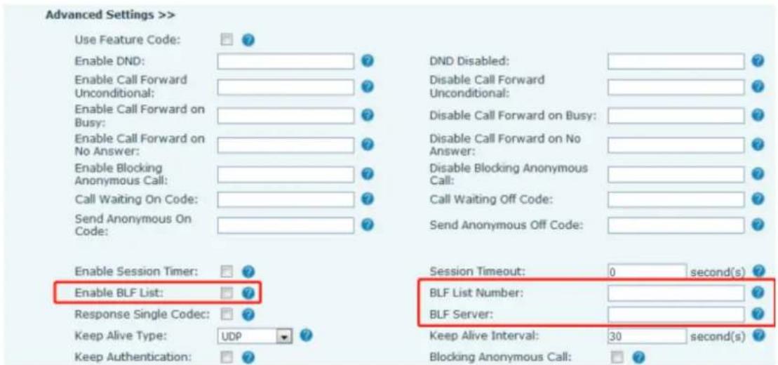 Advanced Settings >> Use Feature Code: Enable DND: Enable Call Forward Unconditional: Enable Call Forward on Busy: Enable Call Forward on No Answer: Enable Blocking Anonymous Call: Call Waiting On Code: Send Anonymous On Code: Enable Session Timer: Enable BLF List: Response Single Codec: Keep Alive Type: UDP Keep Authentication: DND Disabled: Disable Call Forward Unconditional: Disable Call Forward on Busy: Disable Call Forward on No Answer: Disable Blocking Anonymous Call: Call Waiting Off Code: Send Anonymous Off Code: Session Timeout: 0 second(s) BLF List Number: BLF Server: Keep Alive Interval: 30 second(s) Blocking Anonymous Call: