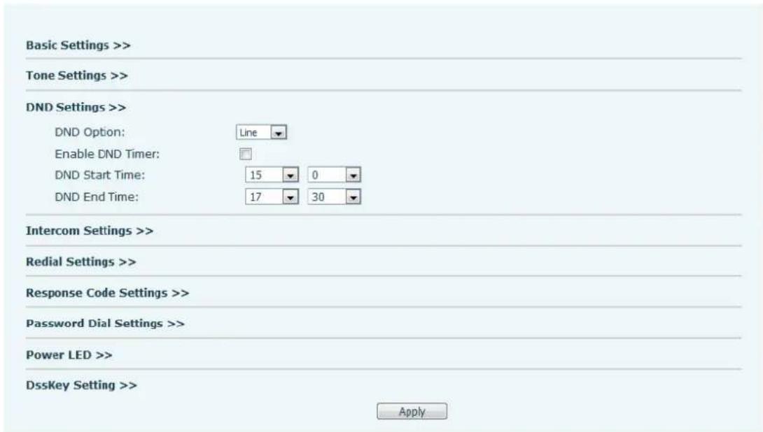 Basic Settings >> Tone Settings >> DND Settings >> DND Option: Line Enable DND Timer: DND Start Time: 15 0 DND End Time: 17 30 Intercom Settings >> Redial Settings >> Response Code Settings >> Password Dial Settings >> Power LED >> DssKey Setting >> Apply
