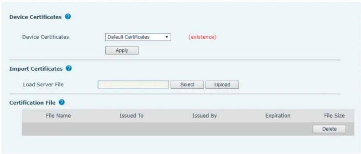 Device Certificates ? Device Certificates Default Certificates (existence) Apply Import Certificates ? Load Server File Select Upload Certification File ? File Name Issued To Issued By Expiration File Size Delete