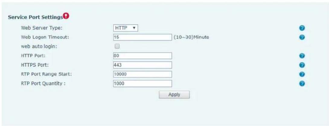 Service Port Settings Web Server Type: HTTP Web Logon Timeout: 15 (10~30)Minute web auto login: HTTP Port: 80 HTTPS Port: 443 RTP Port Range Start: 10000 RTP Port Quantity : 1000 Apply