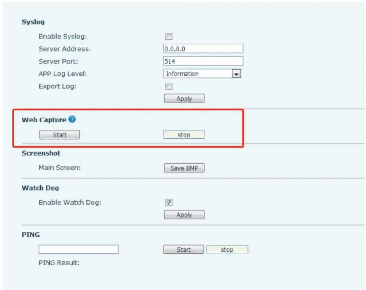 Syslog Enable Syslog: Server Address: 0.0.0.0 Server Port: 514 APP Log Level: Information Export Log: Apply Web Capture ? Start stop Screenshot Main Screen: Save BMP Watch Dog Enable Watch Dog: Apply PING Start stop PING Result: