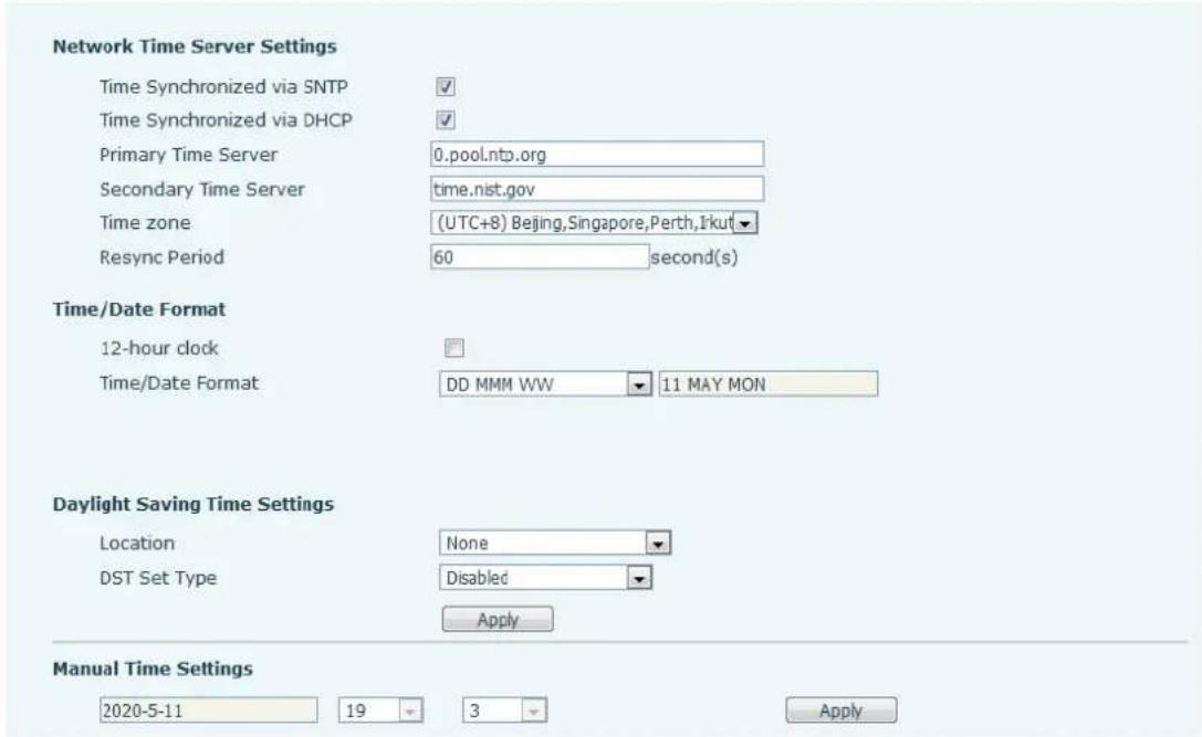 Network Time Server Settings Time Synchronized via SNTP ✓ Time Synchronized via DHCP ✓ Primary Time Server 0.pool.ntp.org Secondary Time Server time.nist.gov Time zone (UTC+8) Beijing,Singapore,Perth,IkuT Resync Period 60 second(s) Time/Date Format 12-hour clock Time/Date Format DD MMM WW 11 MAY MON Daylight Saving Time Settings Location None DST Set Type Disabled Apply Manual Time Settings 2020-5-11 19 3 Apply