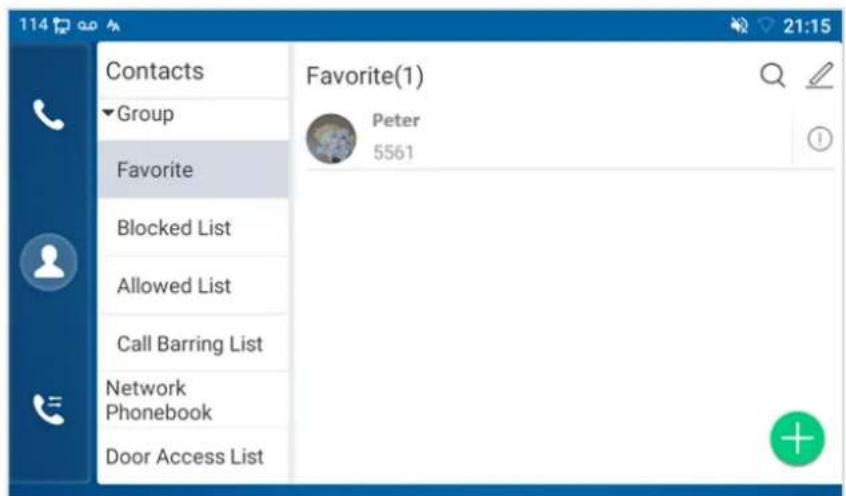 Contacts Group Favorite Blocked List Allowed List Call Barring List Network Phonebook Door Access List Favorite(1) Peter 5561