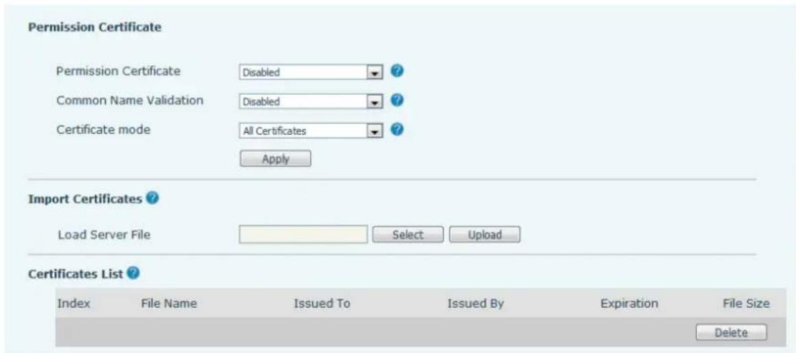 Permission Certificate Permission Certificate Disabled ? Common Name Validation Disabled ? Certificate mode All Certificates ? Apply Import Certificates ? Load Server File Select Upload Certificates List ? Index File Name Issued To Issued By Expiration File Size Delete