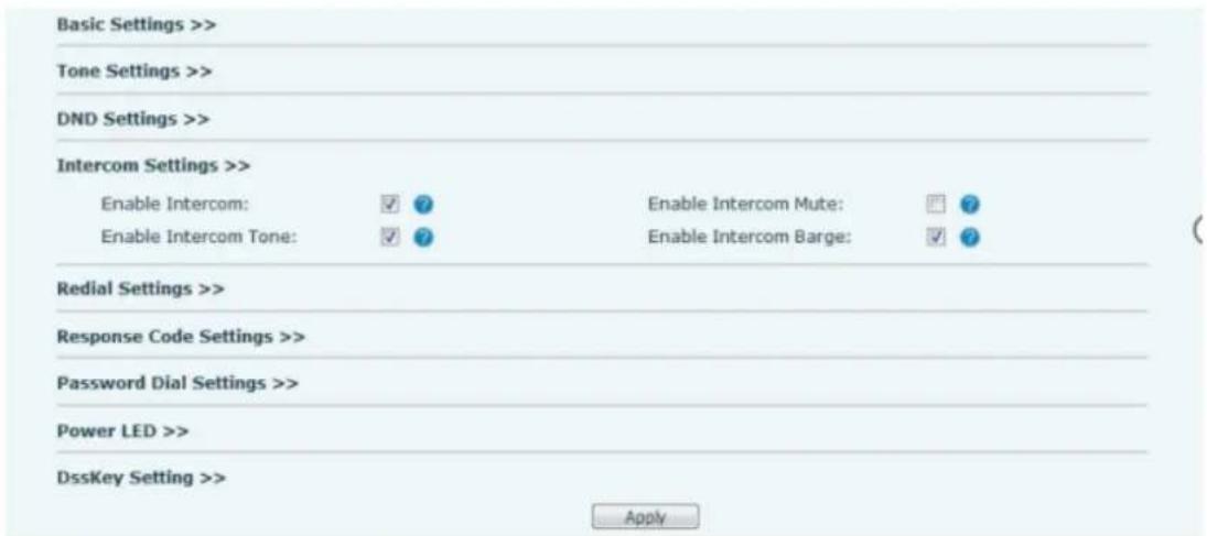 Basic Settings >> Tone Settings >> DND Settings >> Intercom Settings >> Enable Intercom: ✓ ? Enable Intercom Tone: ✓ ? Enable Intercom Mute: ☐ ? Enable Intercom Barge: ✓ ? Redial Settings >> Response Code Settings >> Password Dial Settings >> Power LED >> DssKey Setting >> Apply